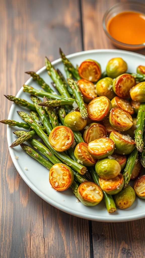 Crispy air fryer asparagus and Brussels sprouts garnished with Parmesan cheese on a rustic table.